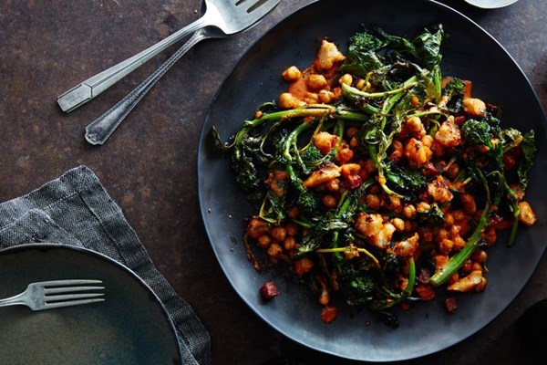Roasted broccoli rabe, chickpea & crispy salami salad