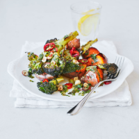 Roasted broccoli steaks and sweet potatoes with salsa verde