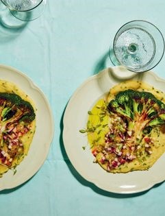 Roasted broccoli with cheesy polenta & chives