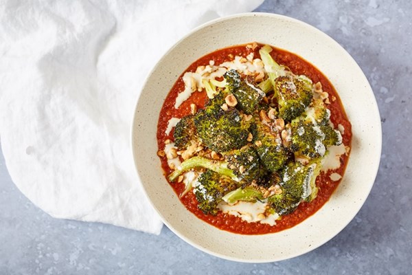  Roasted broccoli with hazelnut, tomato sauce and tahini