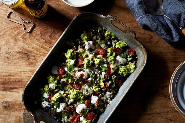 Roasted broccoli with nacho toppings