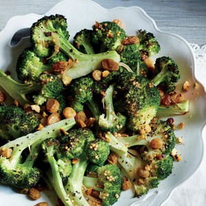 Roasted broccoli with pistachios and pickled golden raisins