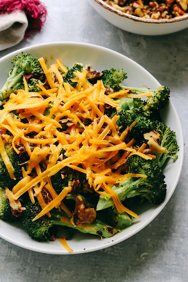 Roasted broccoli with spicy pecan salsa and cheddar cheese