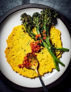 Roasted broccolini + chickpea pancakes (Besan chilla)