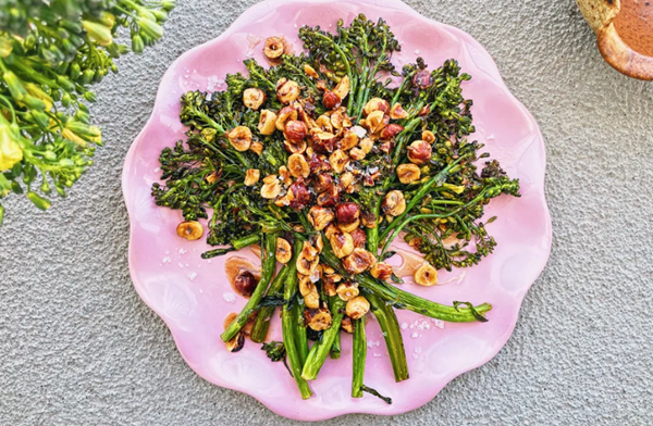 Roasted broccolini with brown butter, cumin & hazelnuts