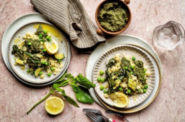 Roasted broccolini, zucchini and pea couscous salad with broad bean, mint and walnut pesto