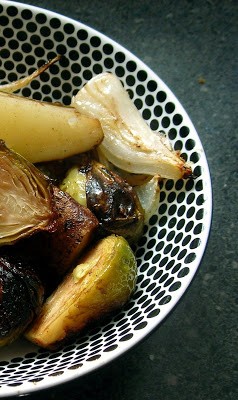 Roasted Brussels sprouts and potatoes with balsamic-Dijon dressing