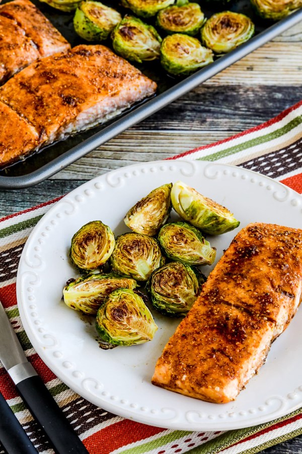 Roasted Brussels sprouts and salmon sheet pan meal