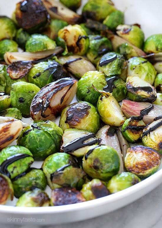 Roasted Brussels sprouts and shallots with balsamic glaze