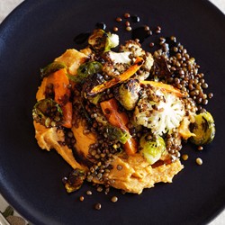 Roasted Brussels sprouts, carrot, cauliflower and lentils with kumara puree