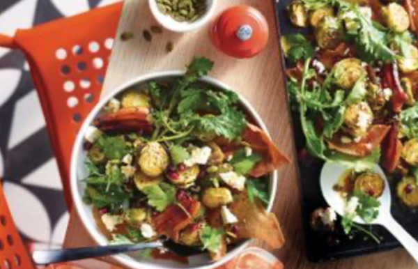 Roasted Brussels sprouts salad with pomegranate, pancetta and feta