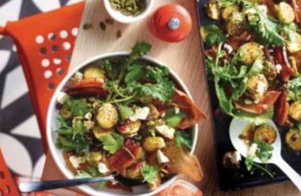 Roasted Brussels sprouts salad with pomegranate, pancetta and feta