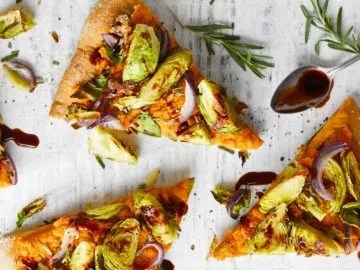 Roasted Brussels sprouts, sweet potato, and balsamic pizza
