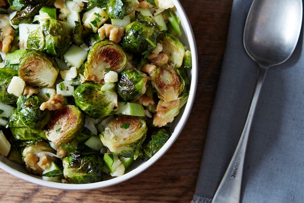Roasted Brussels sprouts with apple, chile, and walnuts