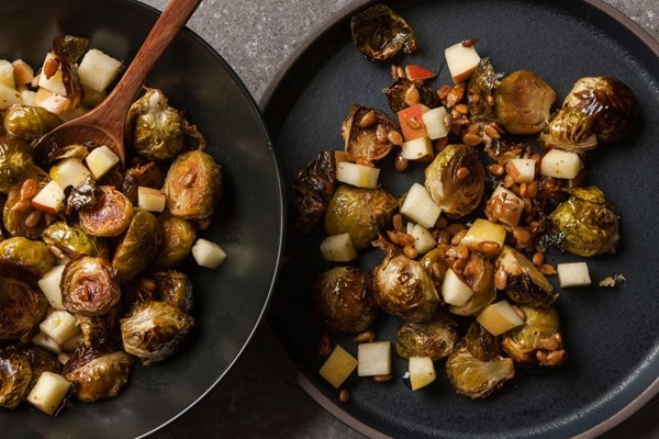 Roasted Brussels sprouts with apple and sunflower seeds