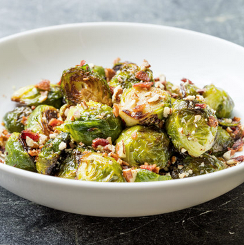 Roasted Brussels sprouts with bacon and pecans