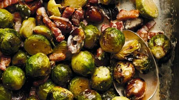 Roasted Brussels sprouts with bacon, chestnuts and cream