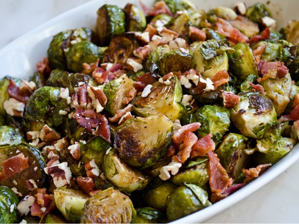 Roasted Brussels sprouts with bacon, pecans and maple-balsamic vinaigrette