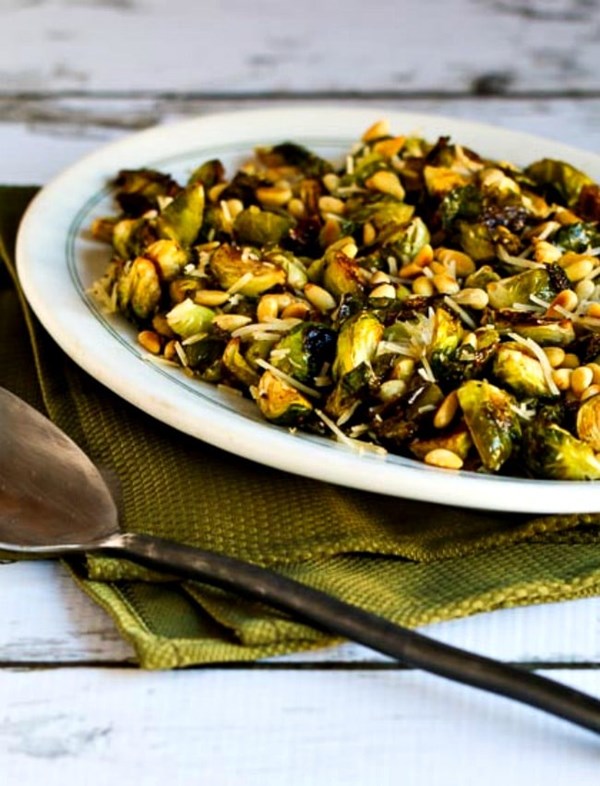 Roasted Brussels sprouts with balsamic, Parmesan, and pine nuts