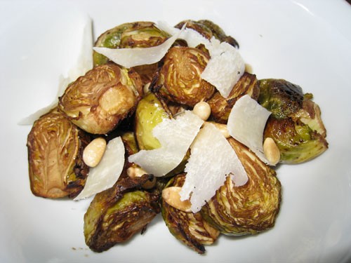 Roasted Brussels sprouts with balsamic vinegar, pine nuts and Parmigiano Reggiano