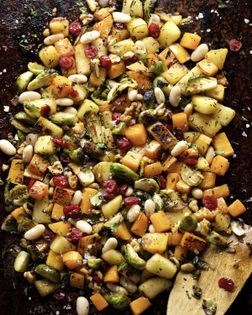 Roasted Brussels sprouts with butternut squash, apple, and walnuts