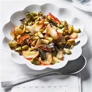 Roasted Brussels sprouts with caramelised shallots, apple and sage