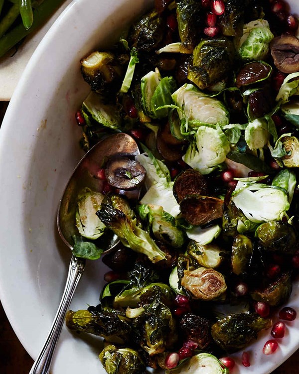 Roasted Brussels sprouts with chestnuts, pomegranate, and cider reduction