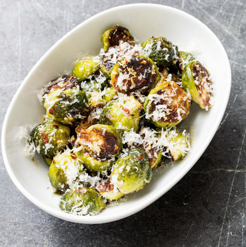 Roasted Brussels sprouts with garlic, red pepper flakes, and Parmesan