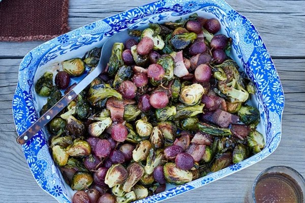 Roasted Brussels sprouts with grapes & bacon