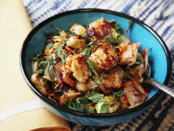 Roasted Brussels sprouts with kimchi and ginger