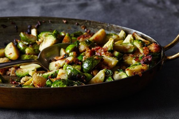 Roasted Brussels sprouts with pancetta and garlic croutons