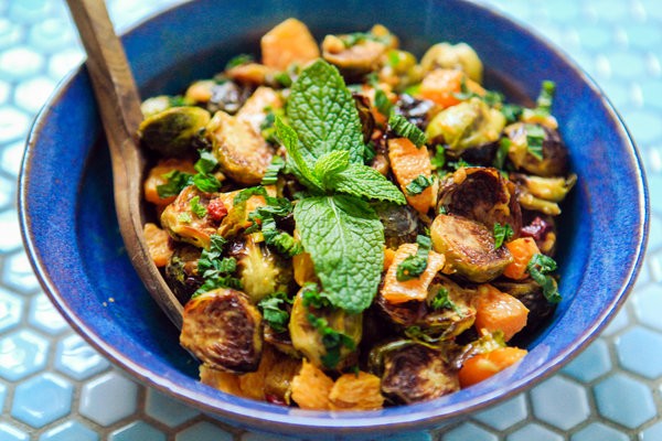 Roasted Brussels sprouts with peanut vinaigrette