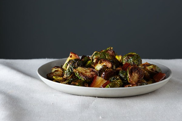 Roasted Brussels sprouts with pears and pistachios