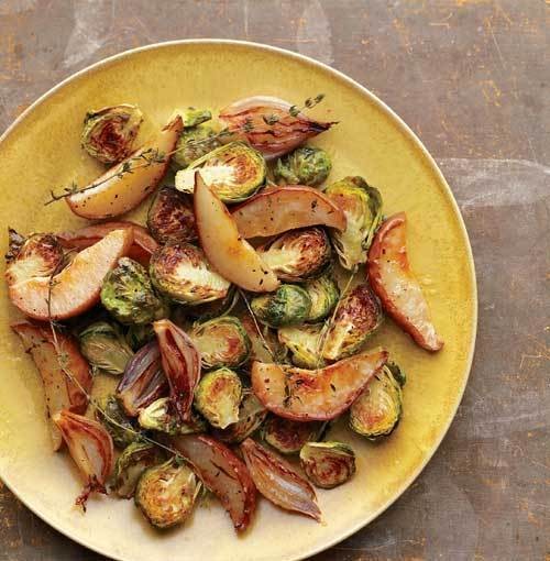 Roasted Brussels sprouts with pears and shallots