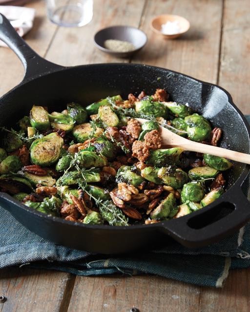 Roasted Brussels sprouts with pecans & sausage