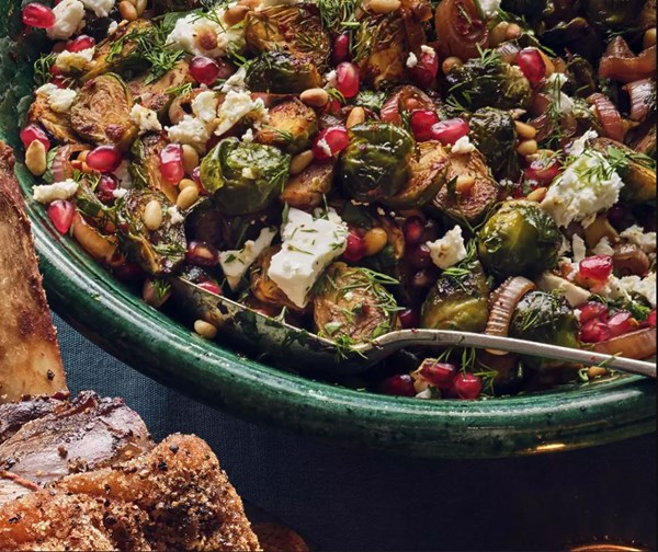 Roasted Brussels sprouts with pomegranate & rose harissa
