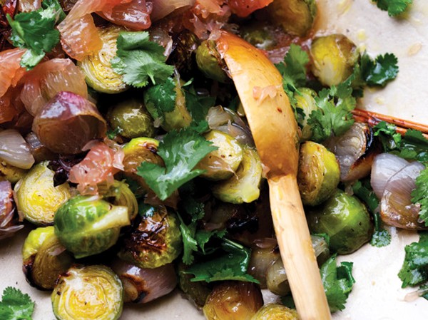 Roasted Brussels sprouts with pomelo and star anise from Plenty More' (Cook the Book)