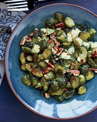 Roasted Brussels sprouts with toasted pecans and avocado