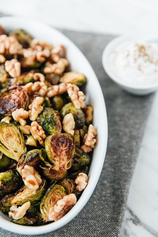 Roasted Brussels sprouts with walnuts, pomegranate molasses, and shanklish