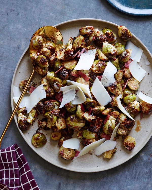 Roasted Brussels sprouts with warmed turkey bacon vinaigrette