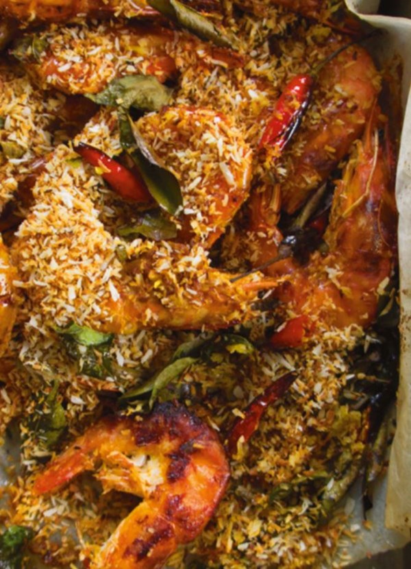 Roasted butter prawns with toasted coconut & curry leaves