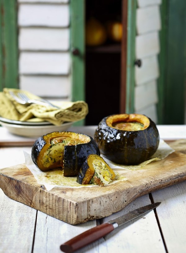 Roasted buttercup pumpkins with sweetcorn and polenta