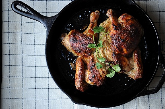 Roasted butterflied chicken with cardamom and yogurt