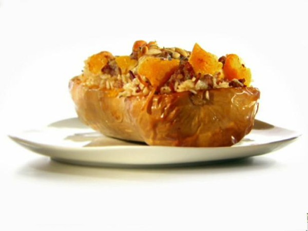 Roasted butternut boats stuffed with sausage, toasted pasta & rice