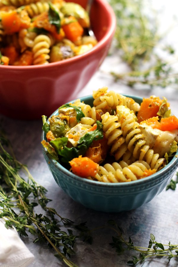 Roasted butternut squash and Brussels sprout pesto pasta salad
