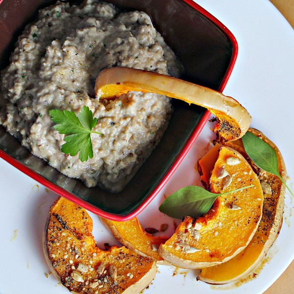 Roasted butternut squash and burnt aubergine (eggplant) with pomegranate molasses
