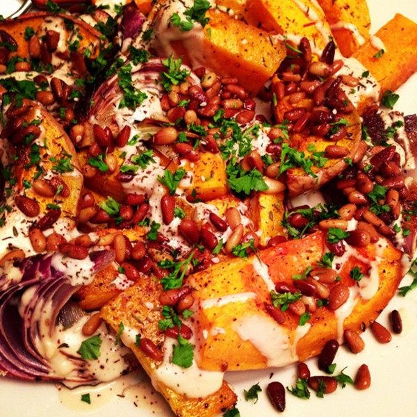 Roasted butternut squash and red onion with tahini and za'atar recipe