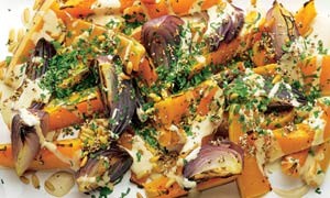 Roasted butternut squash and red onion with tahini and za'atar