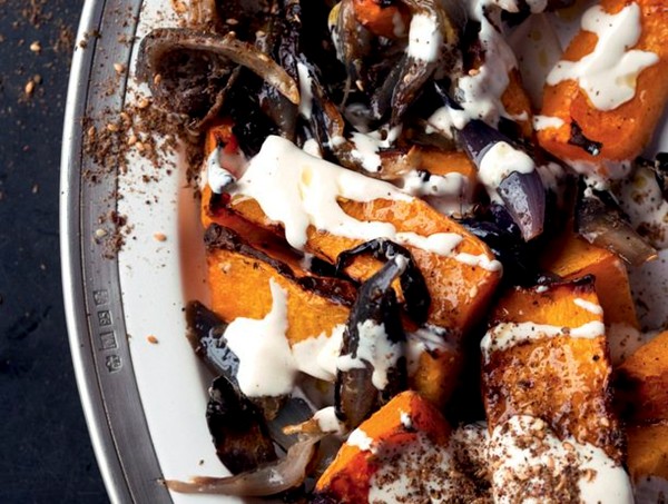 Roasted butternut squash and red onion with tahini and za'atar from 'Jerusalem' (Cook the Book)