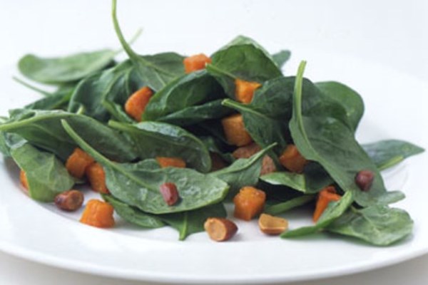 Roasted butternut squash and spinach with toasted almond dressing